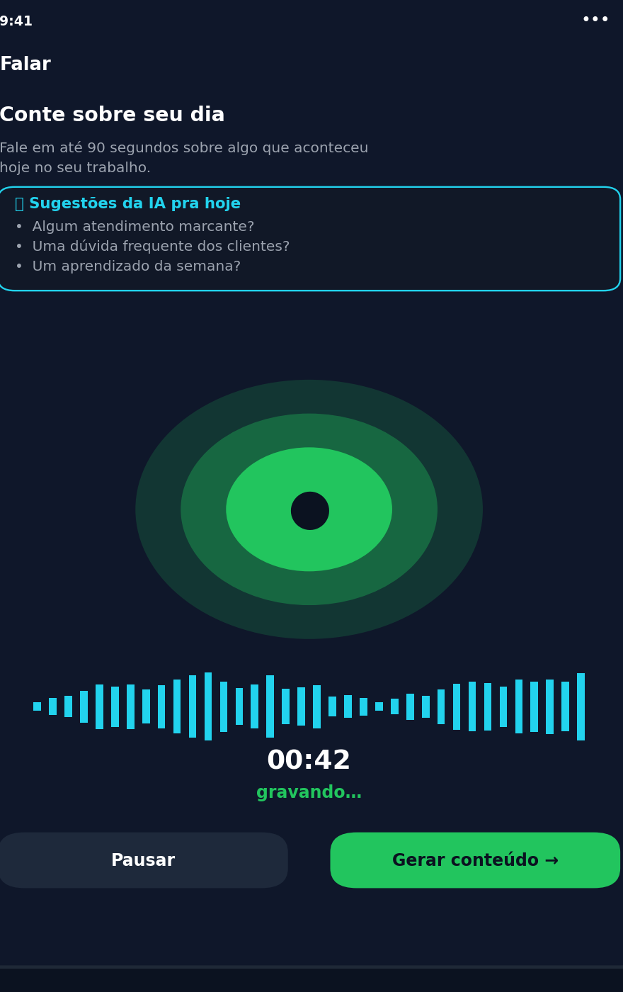 Tela de gravação de áudio do Historetec com sugestões da IA, visualizador de onda sonora e cronômetro em 00:42